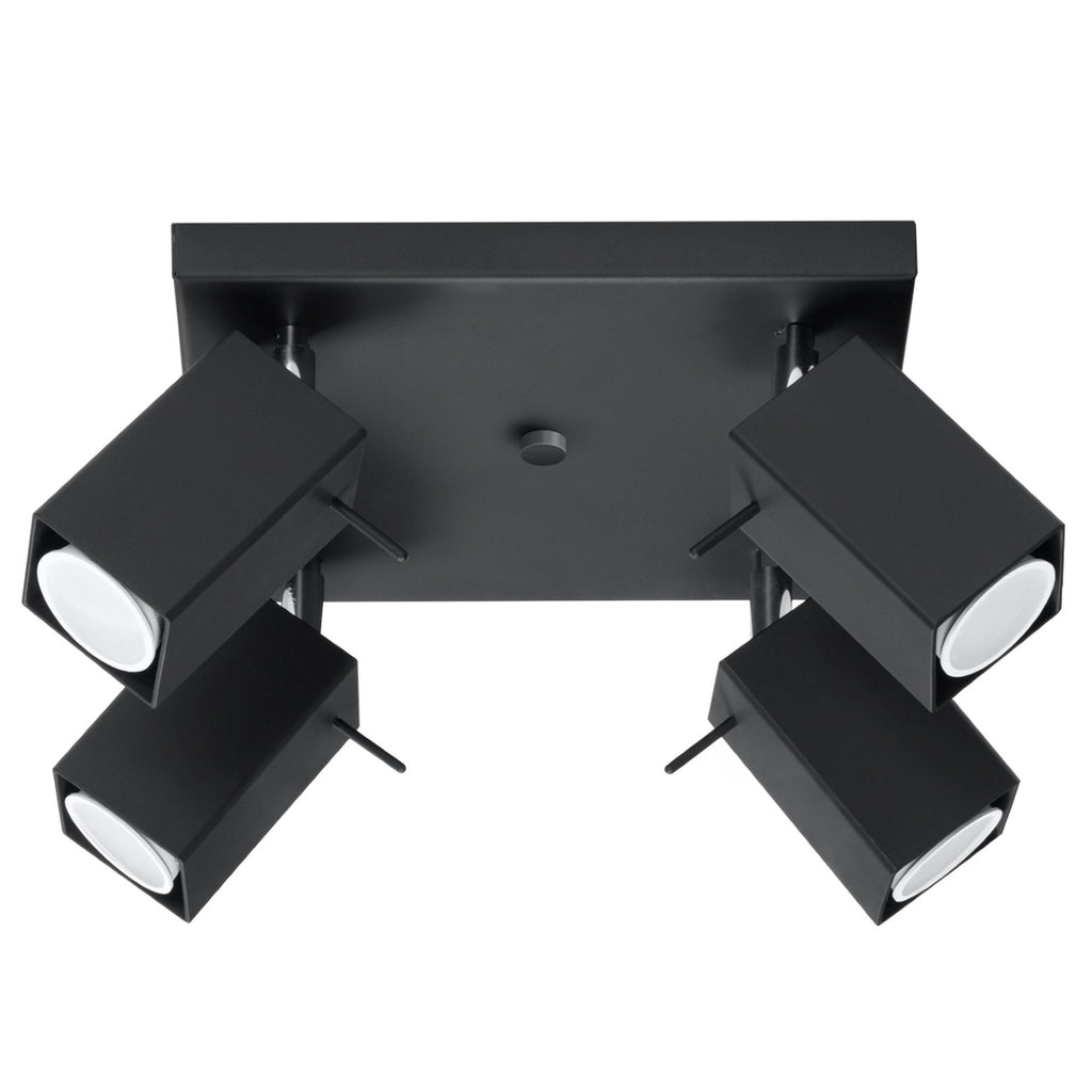 Plafonnier Merida 4, quatre spots orientables à tête carrée en acier noir