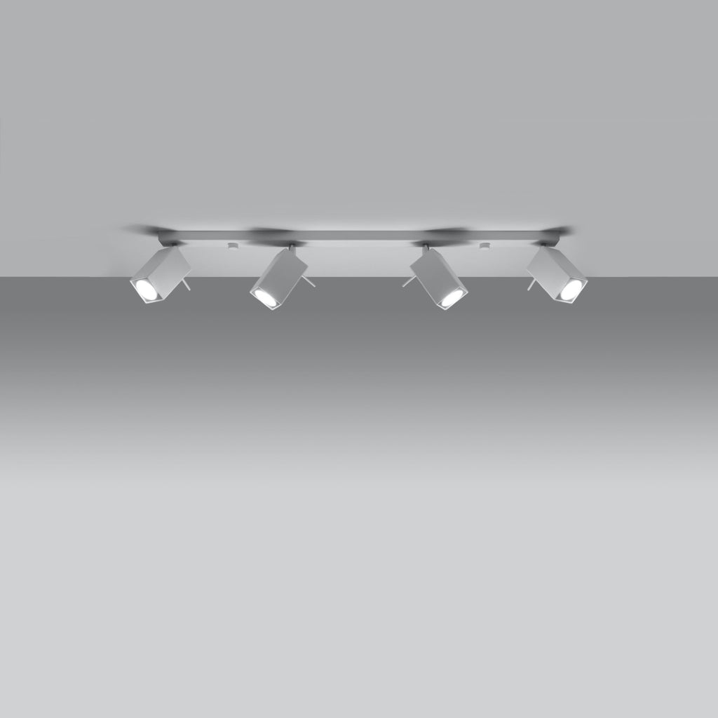 Détail des spots à tête carrée du plafonnier Merida rampe 4 spots acier blanc, douille GU10