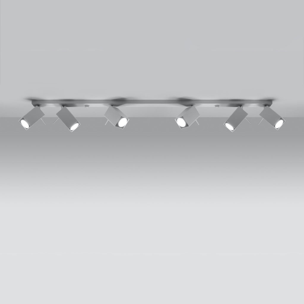 Détail des spots à tête carrée du plafonnier Merida rampe 6 spots acier blanc, douille GU10