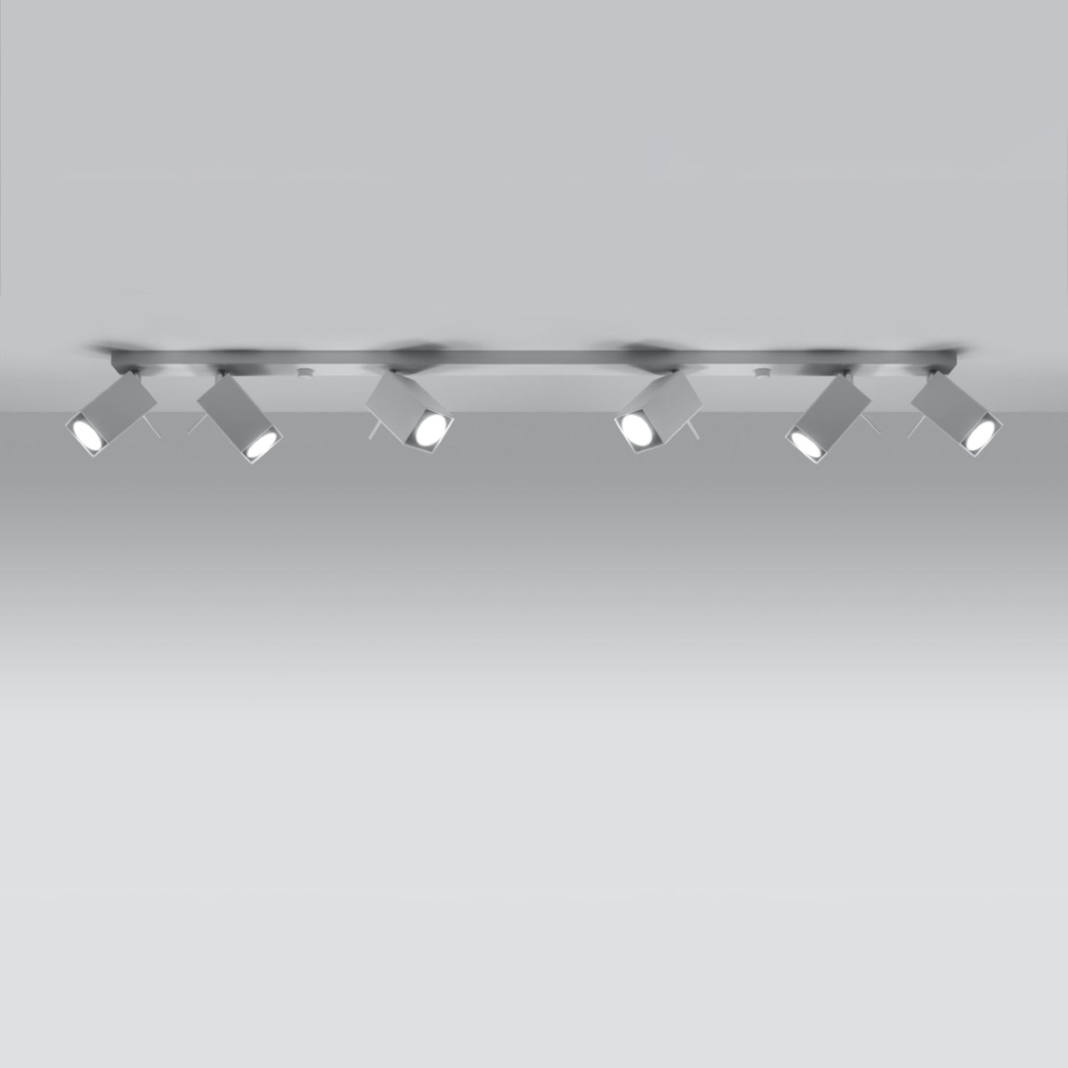 Détail des spots à tête carrée du plafonnier Merida rampe 6 spots acier blanc, douille GU10