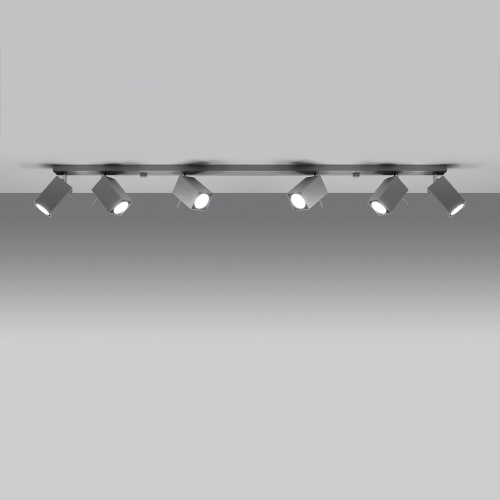 Détail des spots à tête carrée du plafonnier Merida rampe 6 spots acier gris, douille GU10