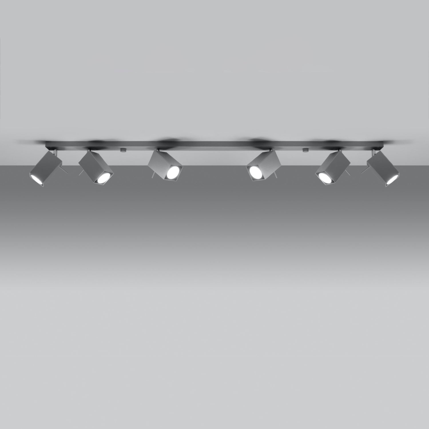 Détail des spots à tête carrée du plafonnier Merida rampe 6 spots acier gris, douille GU10