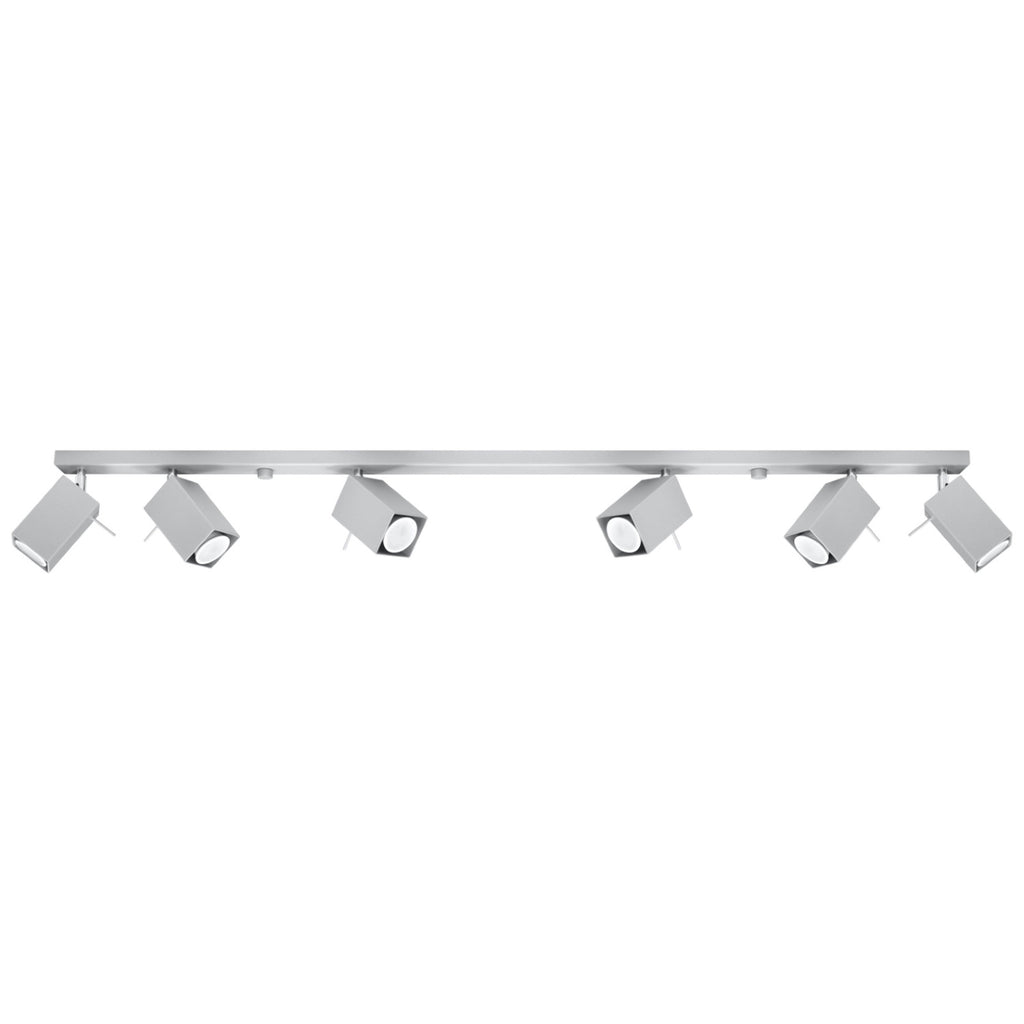 Plafonnier Merida rampe de 6 spots à tête carrée orientables en acier gris sur une barre