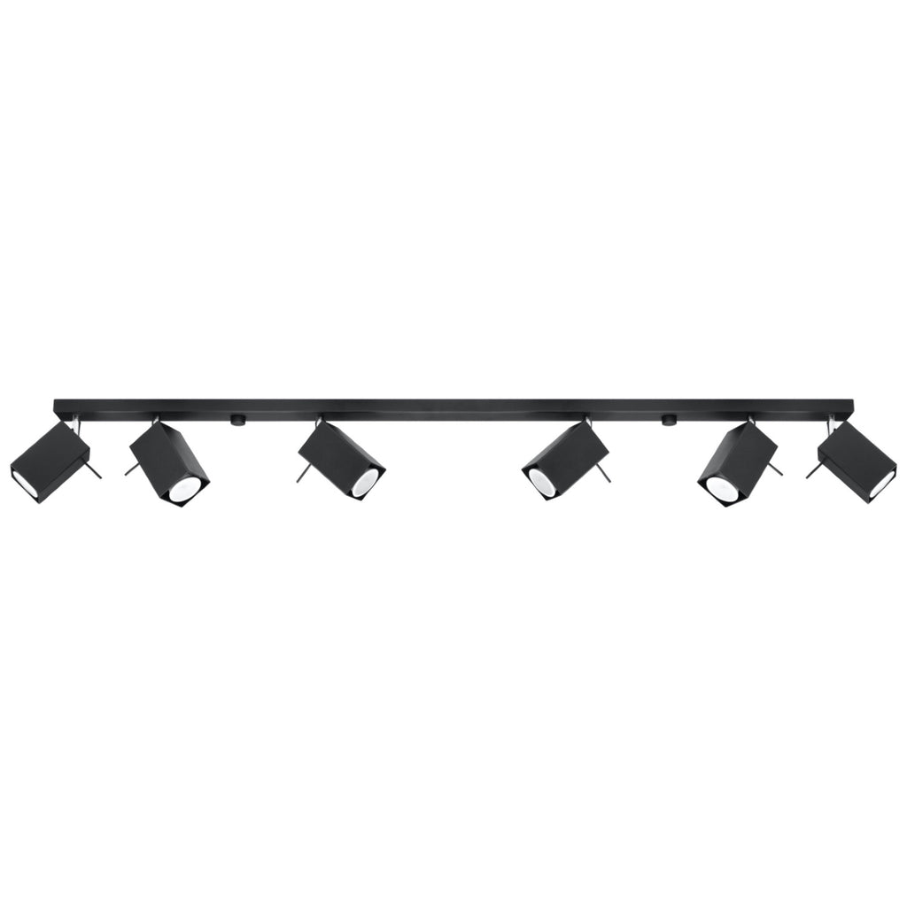 Plafonnier Merida rampe de 6 spots à tête carrée orientables en acier noir sur une barre