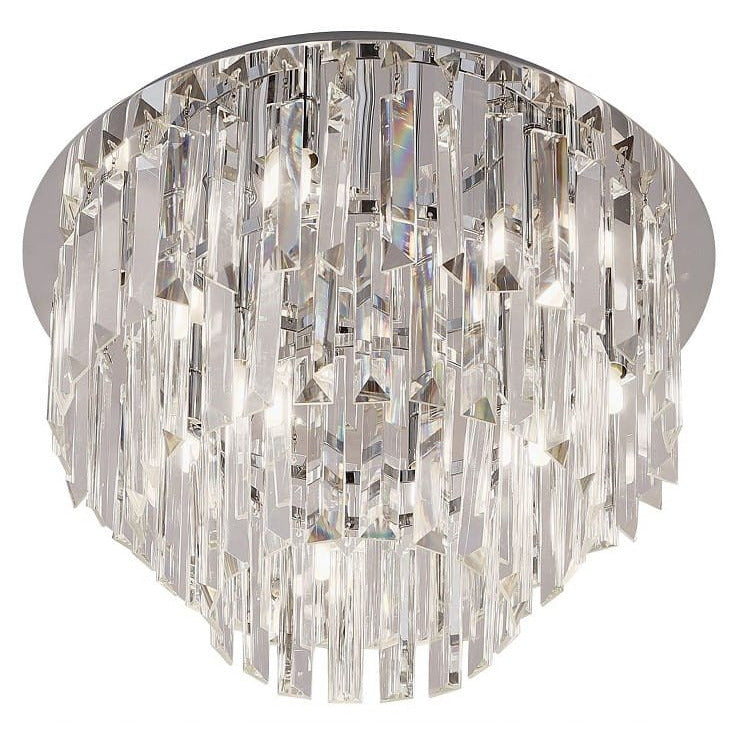 Plafonnier Monaco chromé 42 cm à trois étages de pampilles de verre sous une platine ronde
