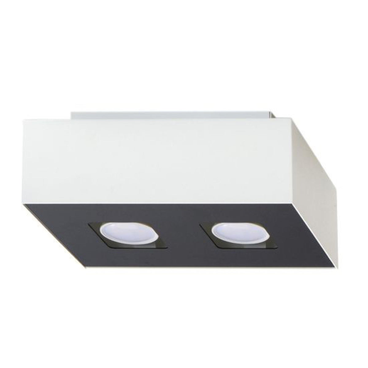 Plafonnier Mono 2 en acier blanc vu de trois quarts avec sa face noire et ses deux spots