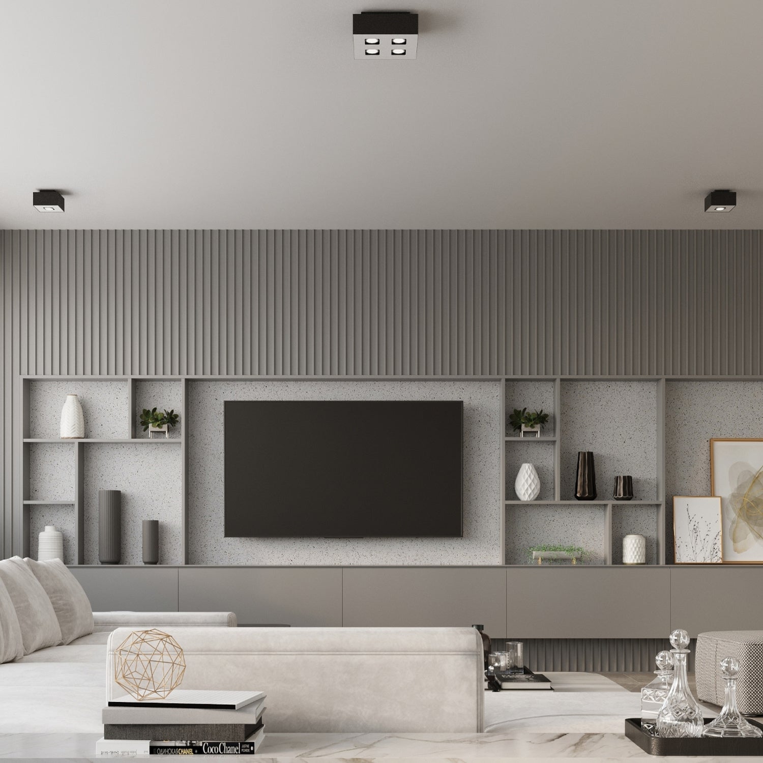 Plafonnier Mono 4 acier noir au plafond d'un séjour