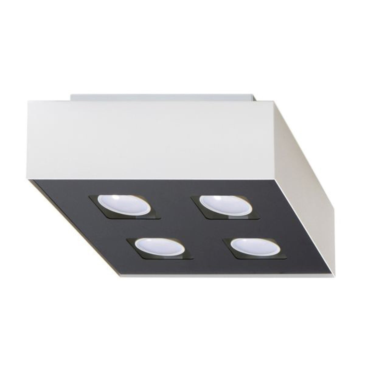 Plafonnier Mono 4 Métal blanc avec face noire percée de quatre spots carrés sur fond blanc