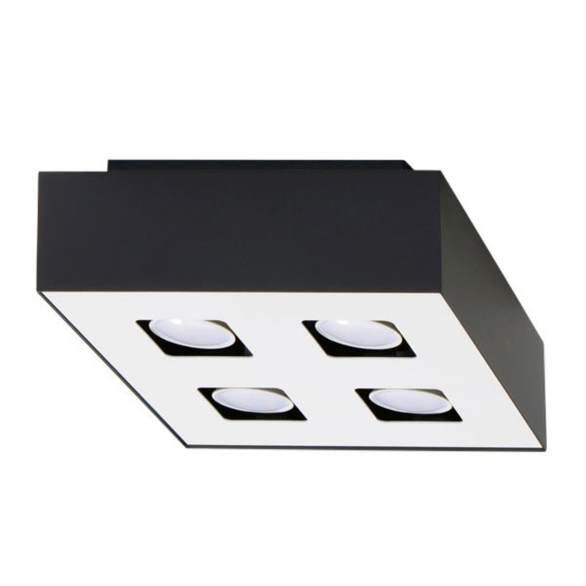 Plafonnier Mono 4 Métal noir avec face blanche percée de quatre spots carrés sur fond blanc