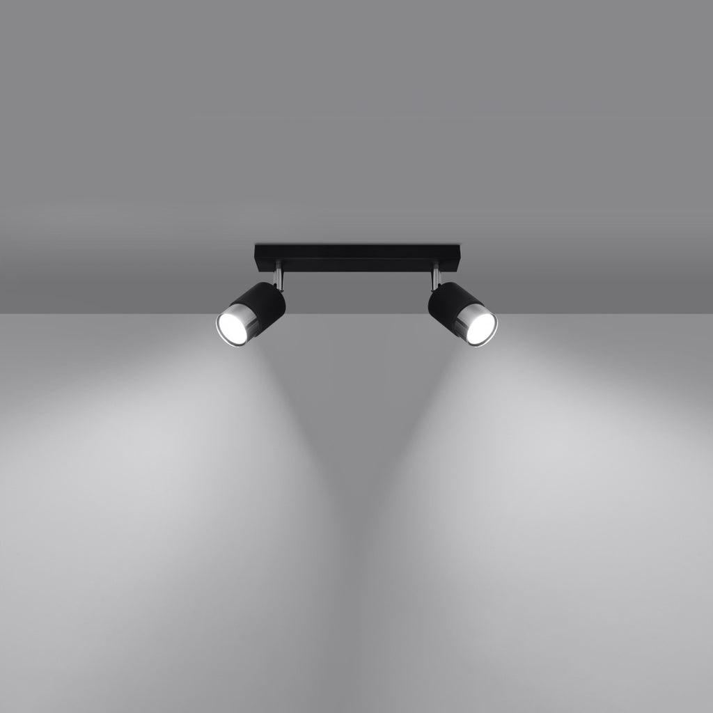 Plafonnier Nero 2 acier noir et chrome allumé, deux faisceaux orientables