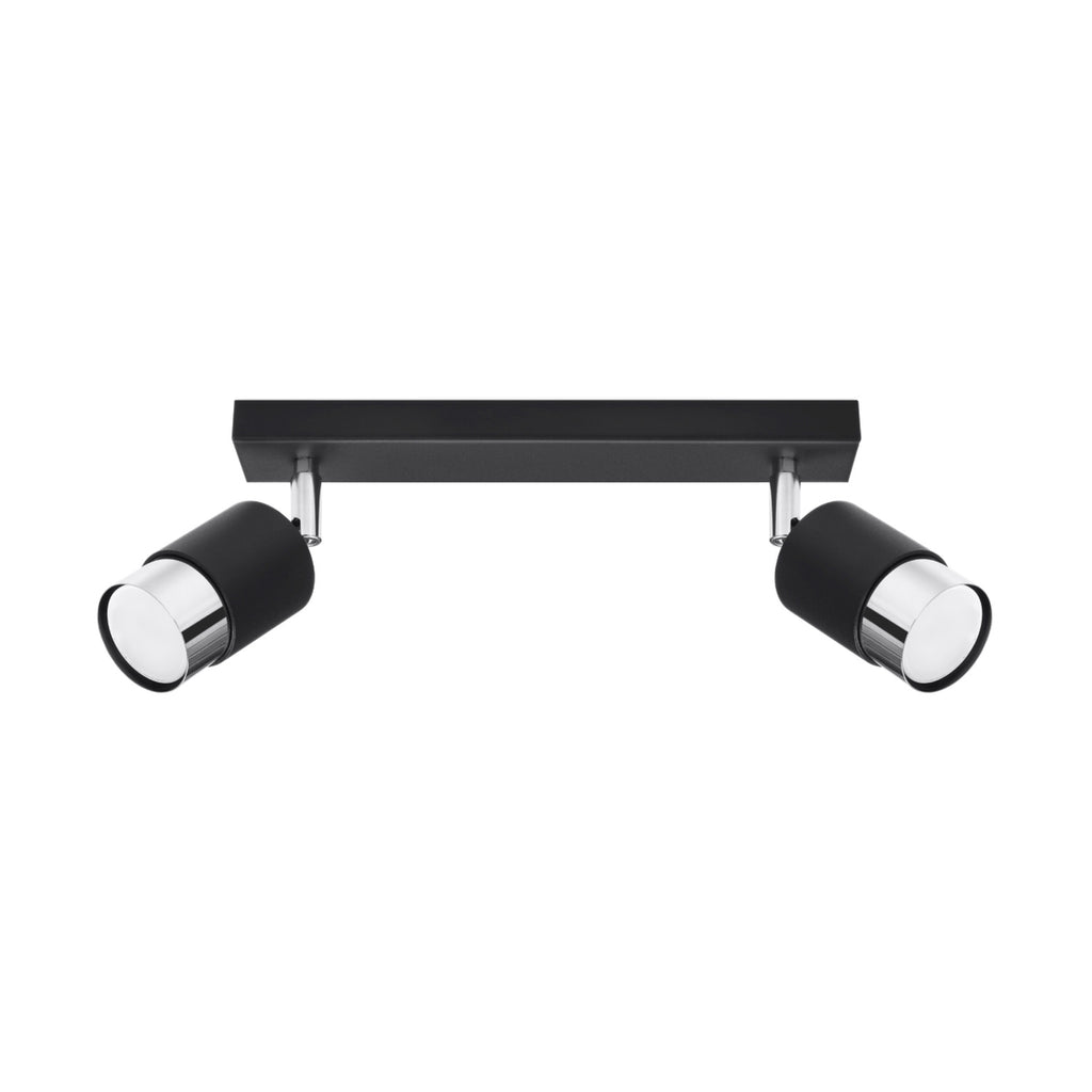 Plafonnier Nero 2 acier noir et chrome, réglette noire et deux spots à embout chromé orientables