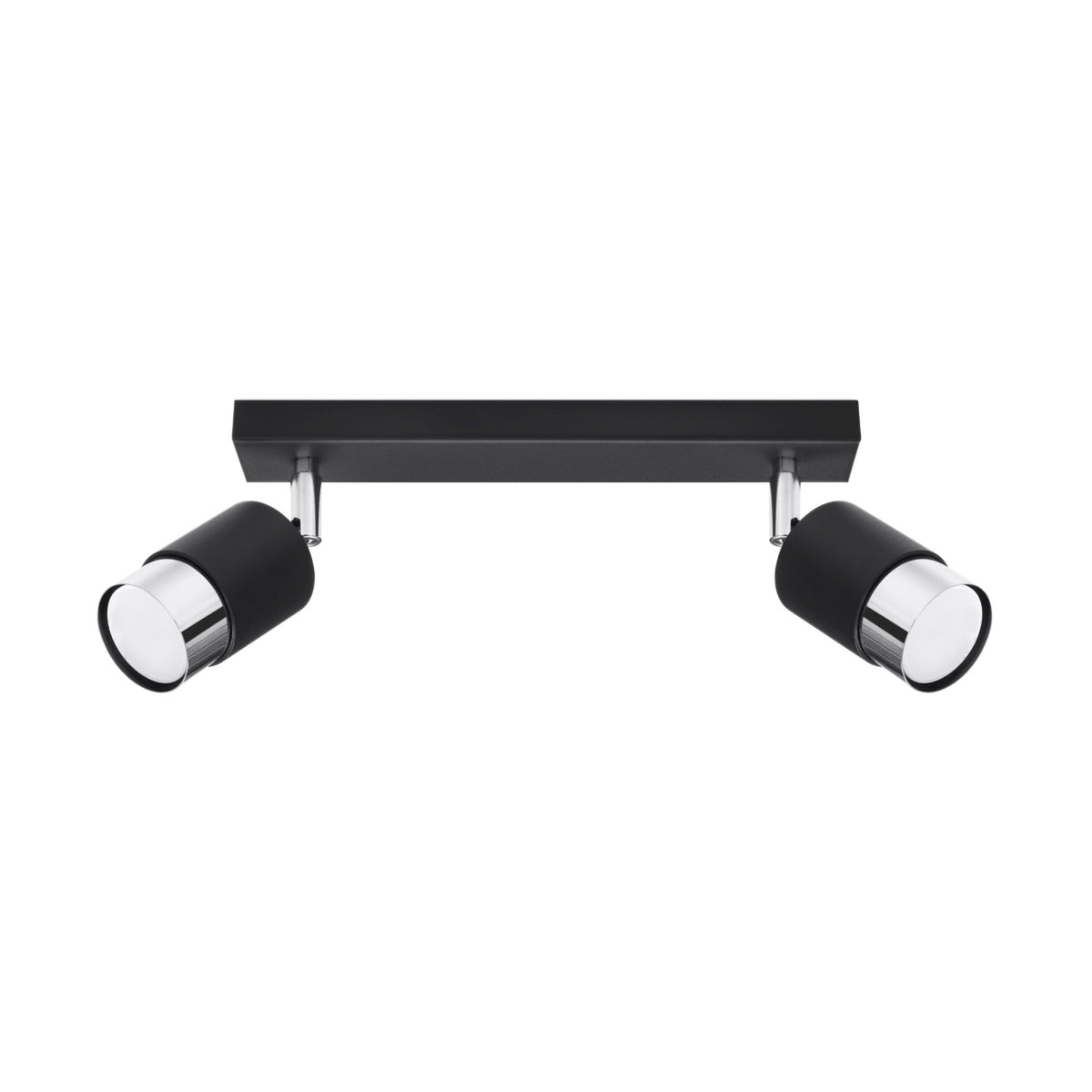 Plafonnier Nero Noir et chrome réglette noire et deux spots cylindriques à anneau chromé orientables