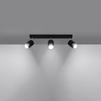 Plafonnier Nero 3 acier noir et chrome allumé, trois faisceaux orientables