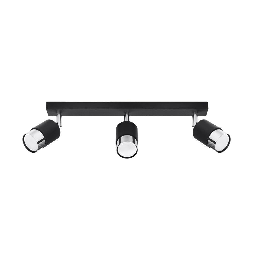 Plafonnier Nero 3 acier noir et chrome, réglette noire et trois spots à embout chromé orientables