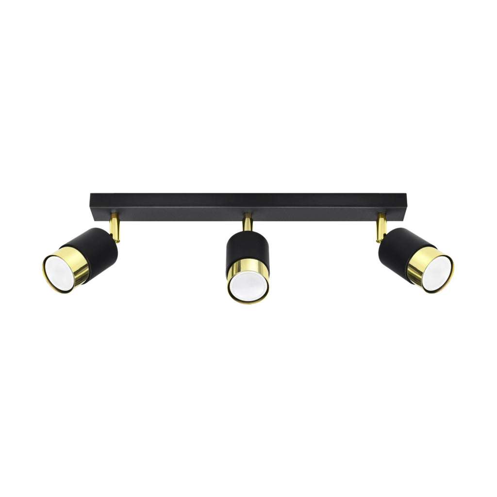 Plafonnier Nero 3 acier noir et doré, réglette noire et trois spots à doré orientables