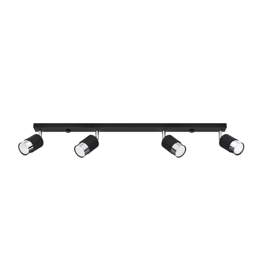 Plafonnier Nero 4 acier noir et chrome, réglette noire et quatre spots à embout chromé orientables