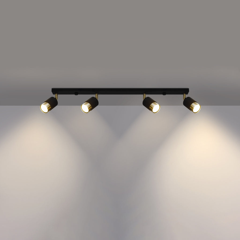 Plafonnier Nero 4 acier noir et doré allumé, quatre faisceaux orientables