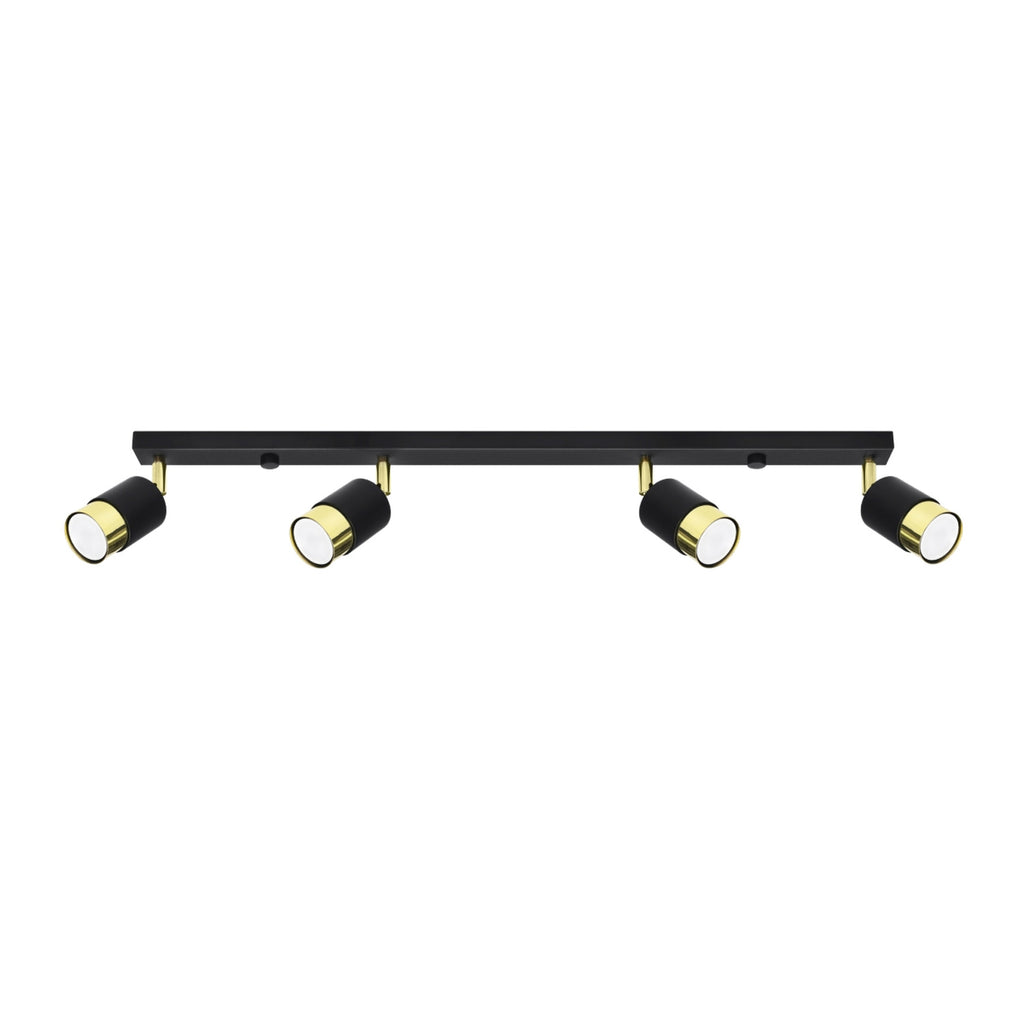 Plafonnier Nero 4 acier noir et doré, réglette noire et quatre spots à doré orientables