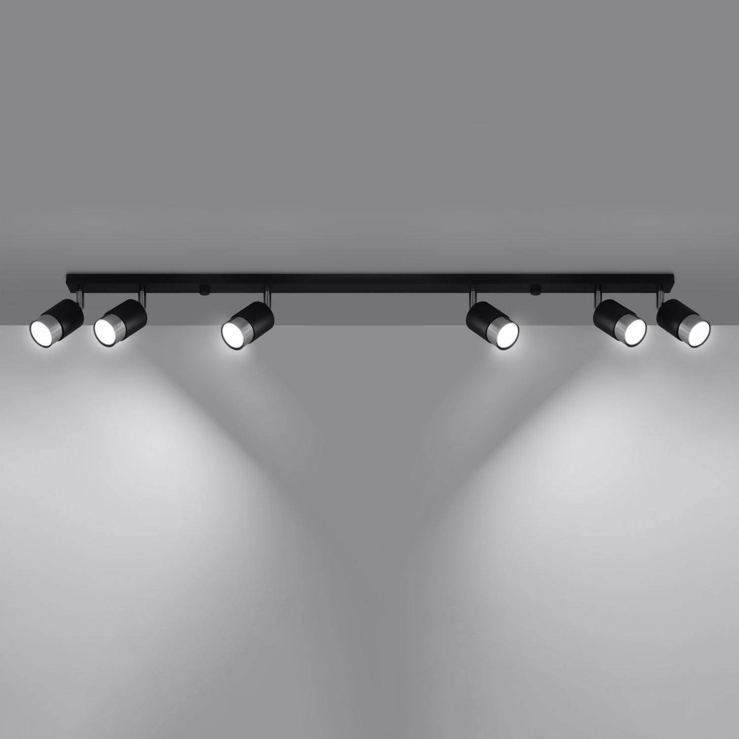 Plafonnier Nero 6 acier noir et chrome allumé, six faisceaux orientables