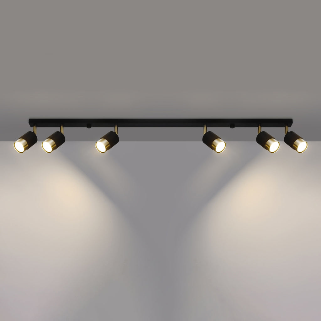 Plafonnier Nero 6 acier noir et doré allumé, six faisceaux orientables