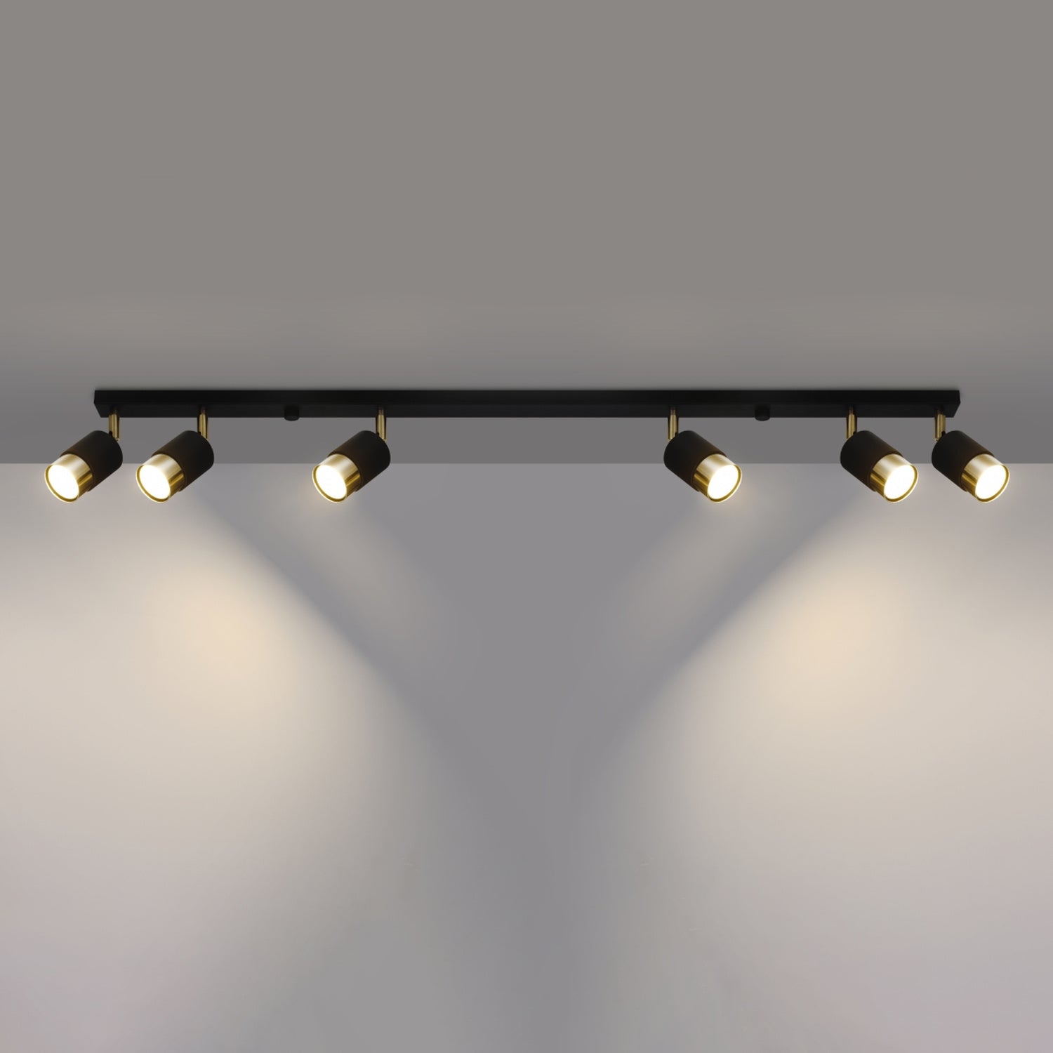 Plafonnier Nero 6 acier noir et doré allumé, six faisceaux orientables