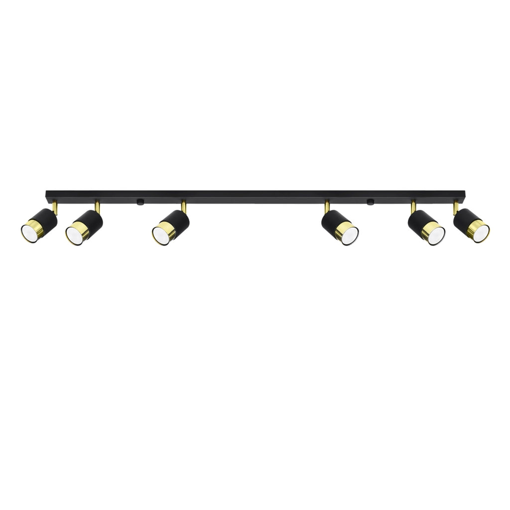Plafonnier Nero 6 acier noir et doré, réglette noire et six spots à doré orientables