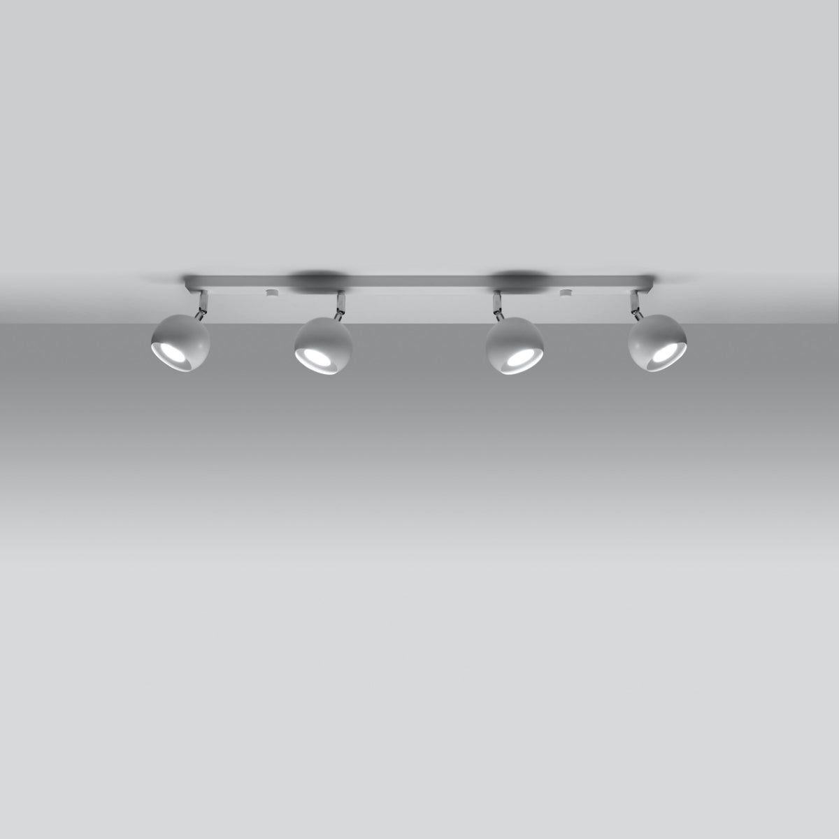 Plafonnier Oculare 4 boules en ligne métal blanc allumé avec ses boules orientées dans plusieurs directions