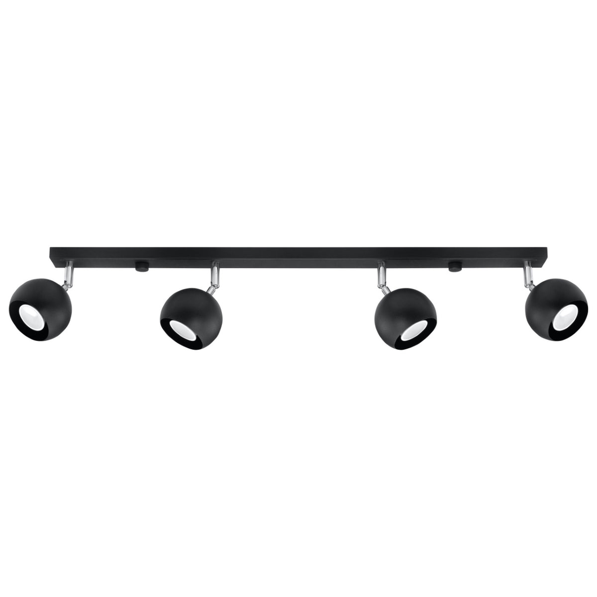 Plafonnier Oculare 4 boules en ligne métal noir sur barre de 80 cm vue de face