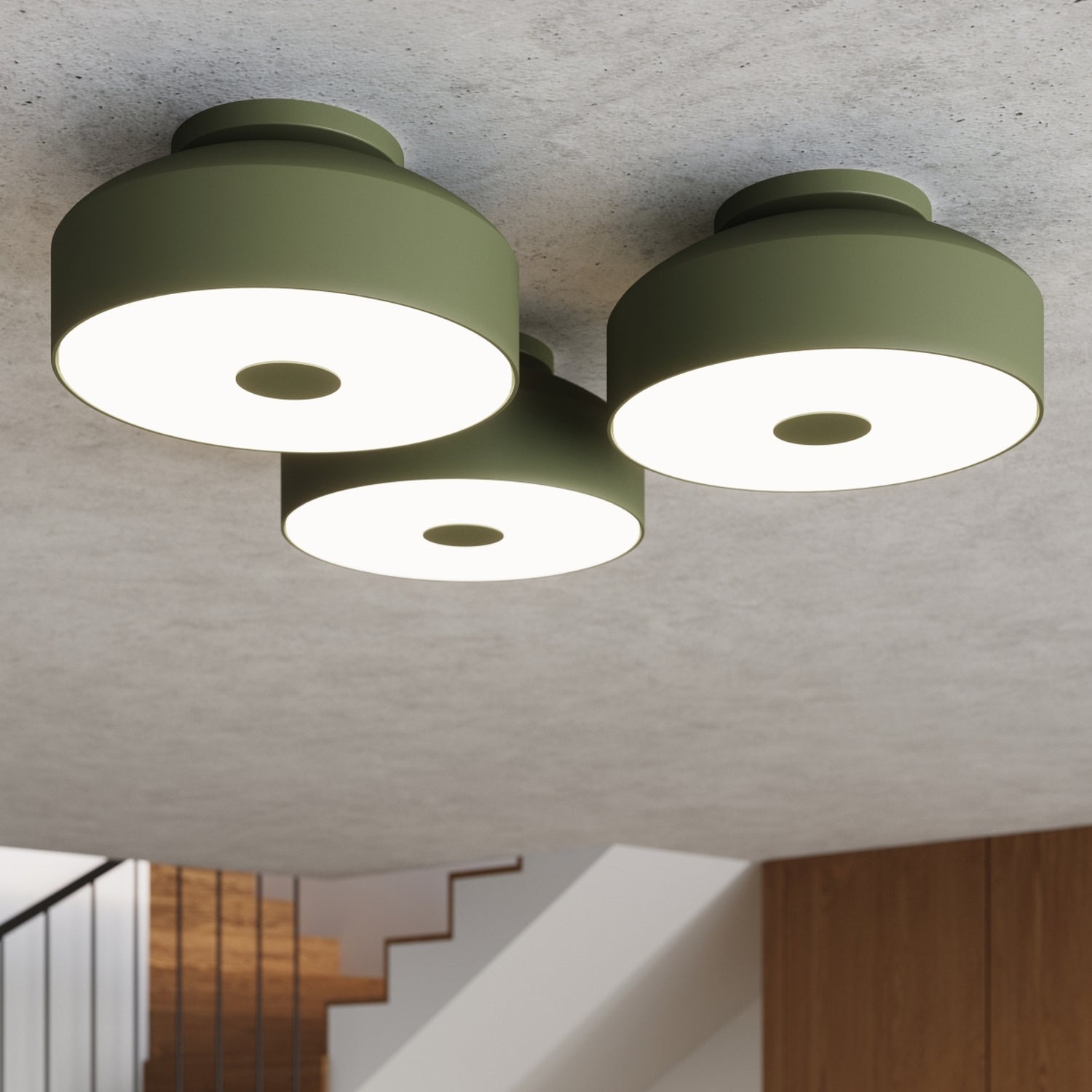 Plafonnier Omiq métal vert olive E27 en situation dans un intérieur
