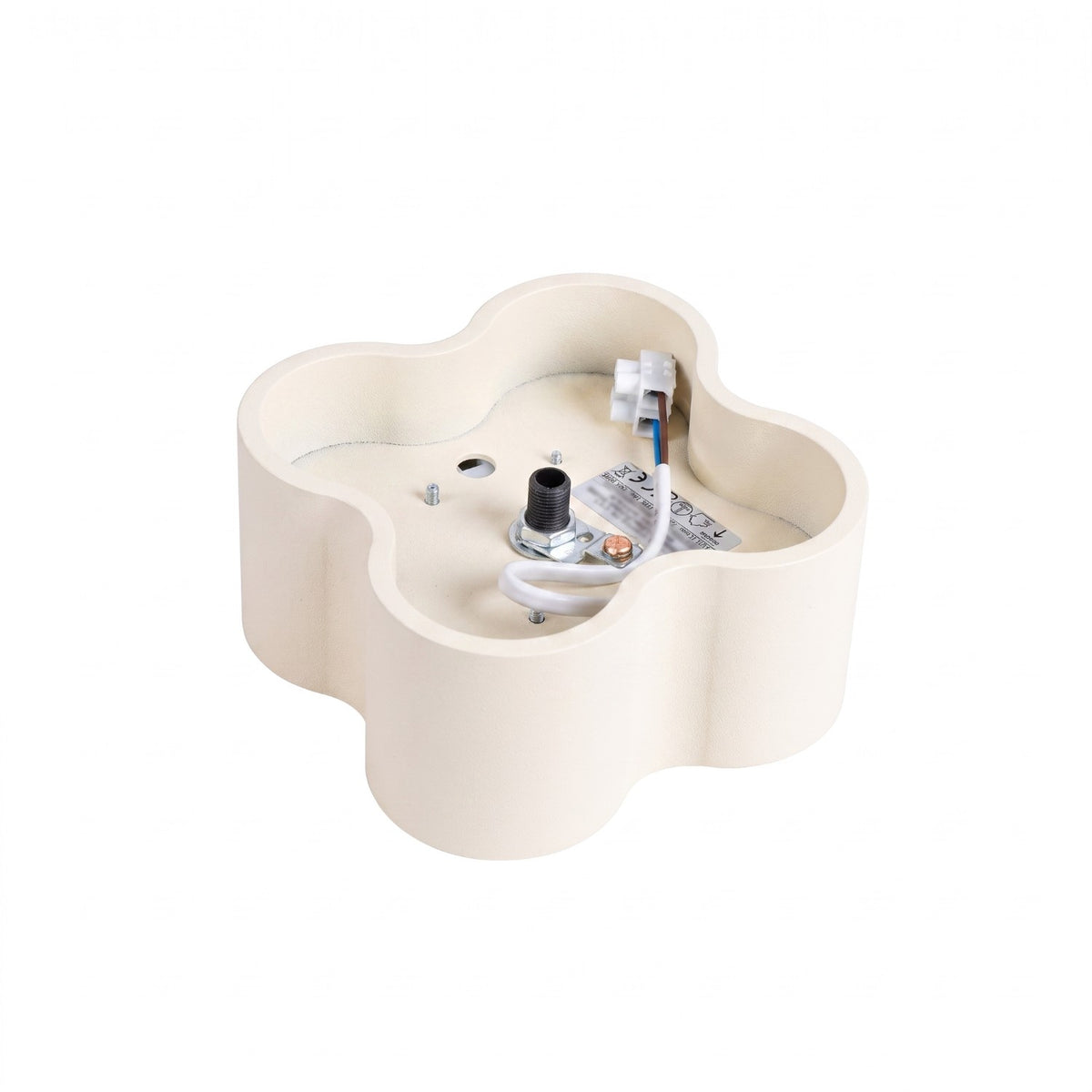 Arrière du plafonnier Ovio laque beige avec le bornier de raccordement et la borne de terre