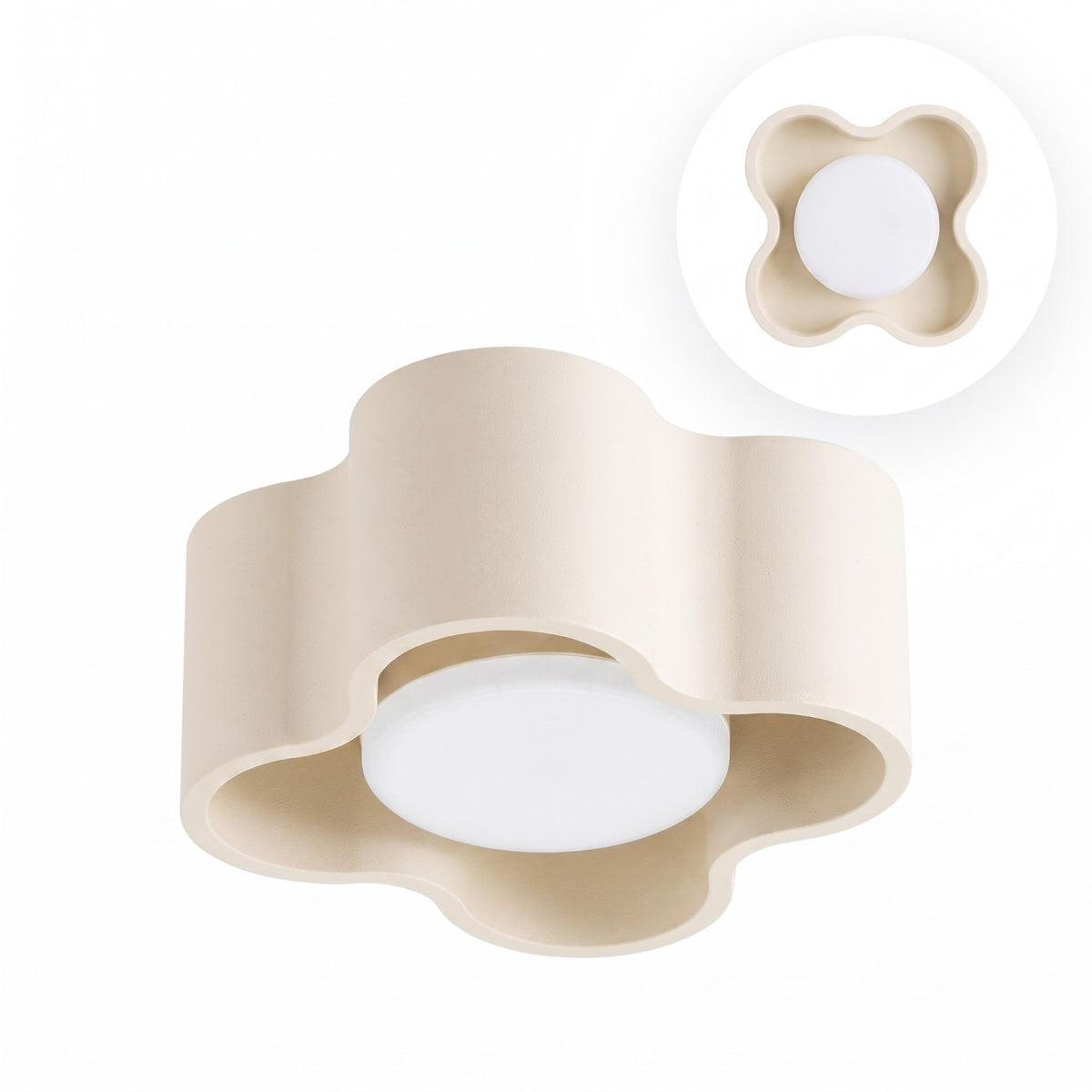 Plafonnier Ovio laque beige vu de trois quarts avec un médaillon de la vue de dessous