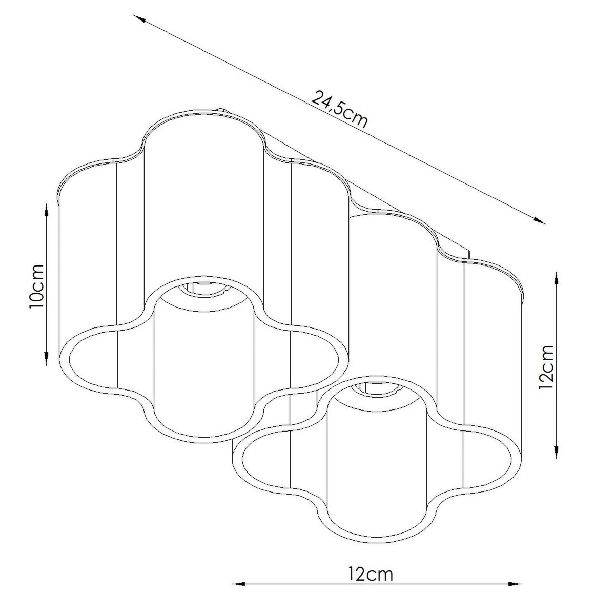 Croquis coté du plafonnier Ovio 2 avec sa longueur sa largeur et sa hauteur en centimètres