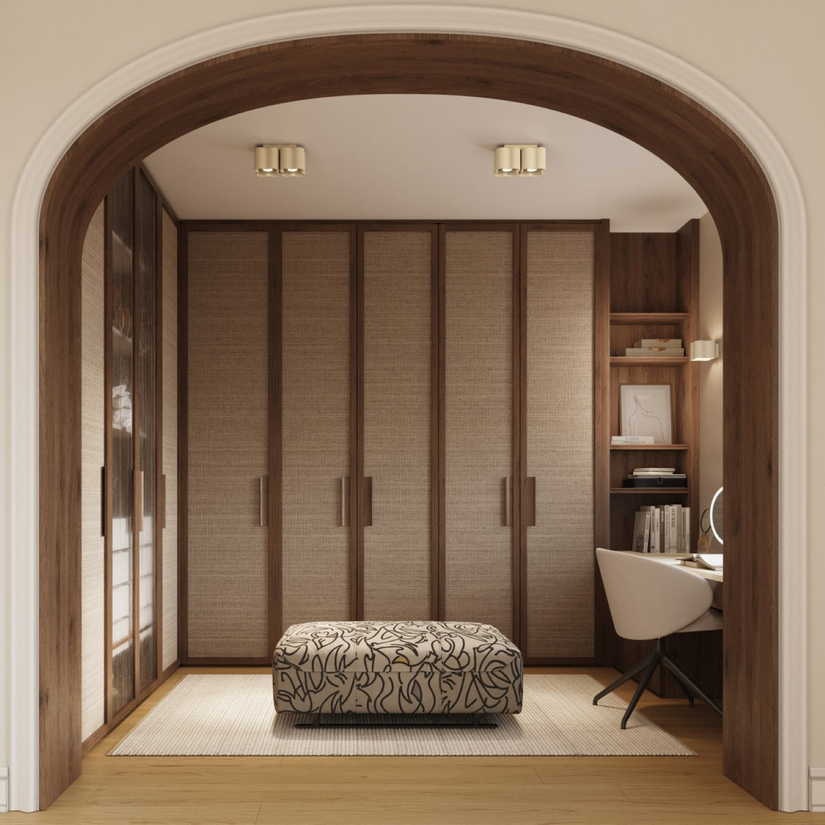 Dressing éclairé par deux plafonniers Ovio 2 laque beige avec une applique Ovio au mur