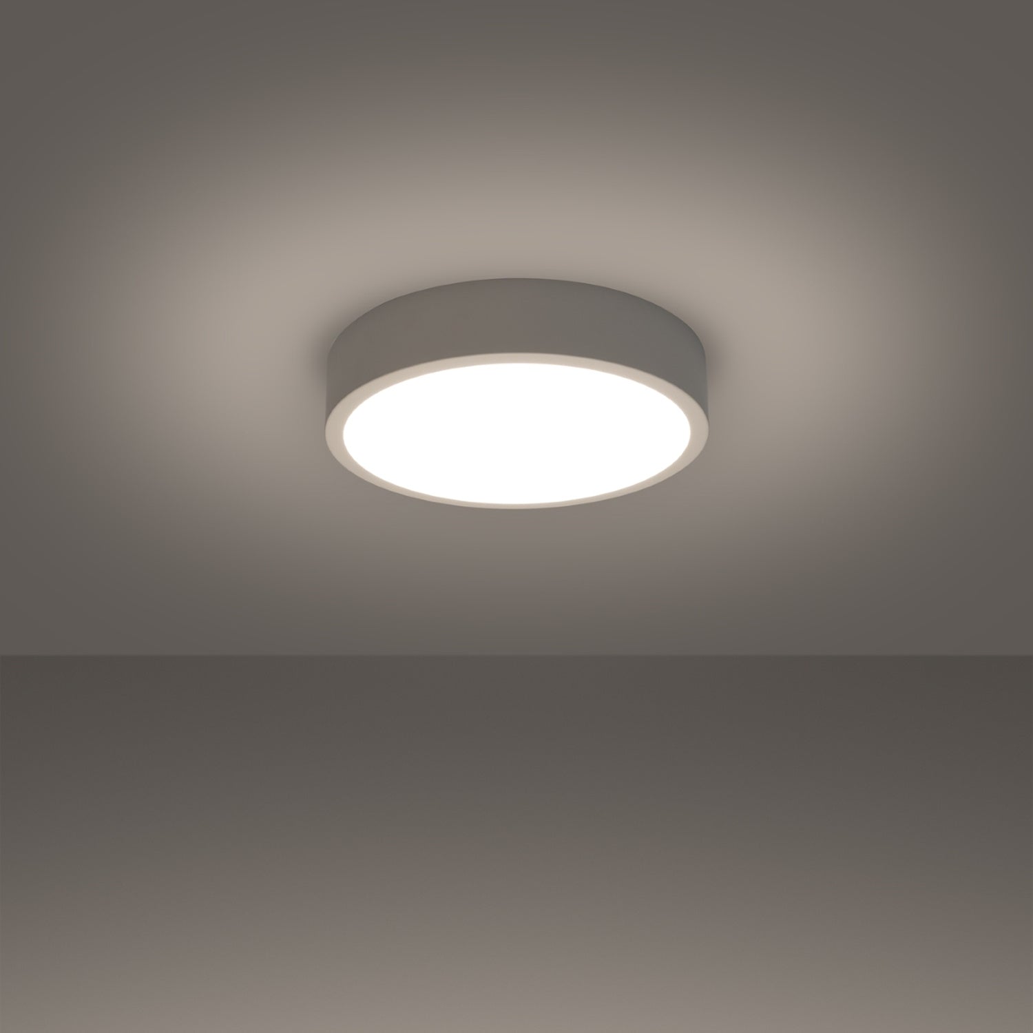 Plafonnier Onyx 30 LED rond aluminium blanc allumé, lumière diffuse homogène