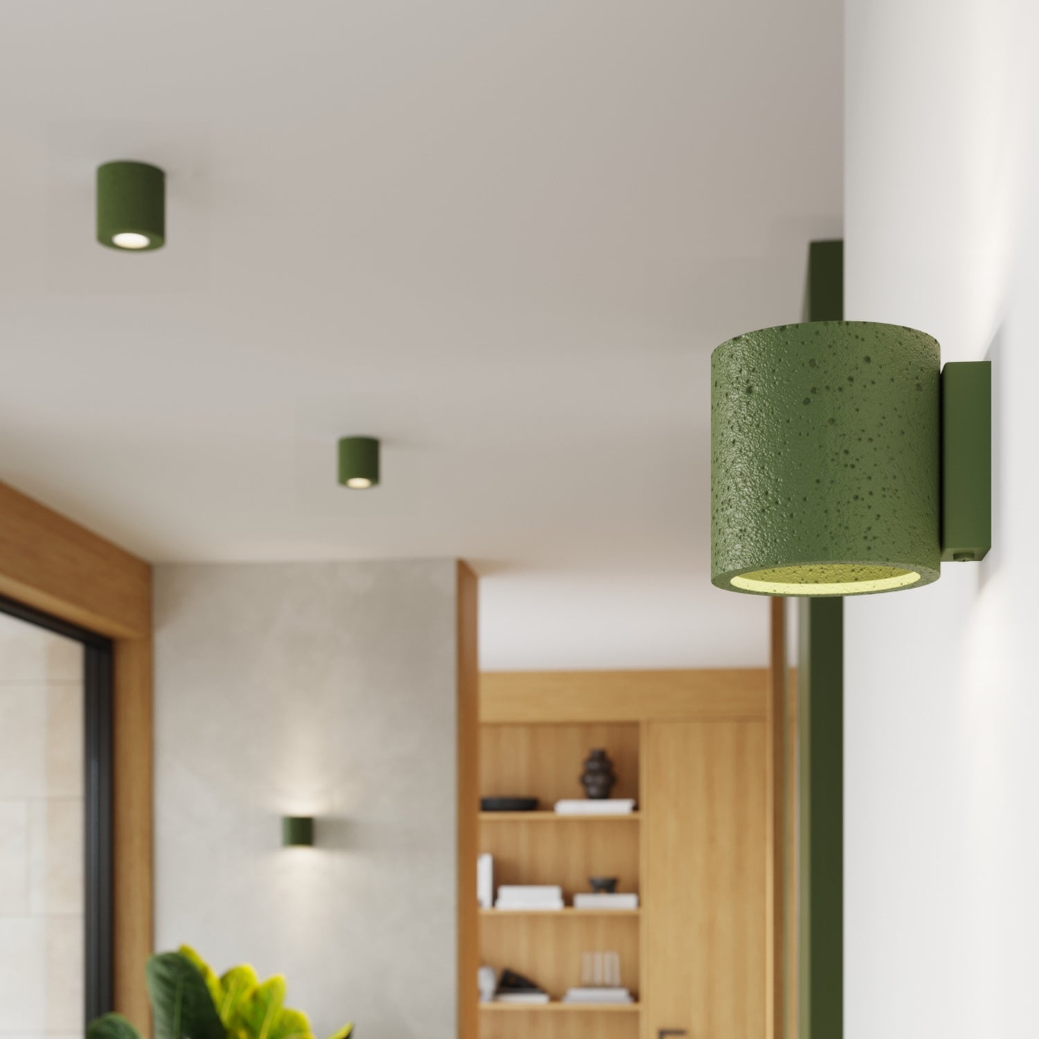 Plafonnier Orbis béton vert olive GU10 en situation