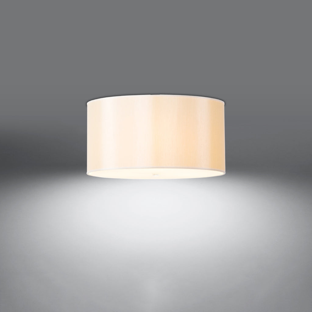 Plafonnier Otto 50 en tissu blanc allumé, lumière diffusée par le verre vers le bas