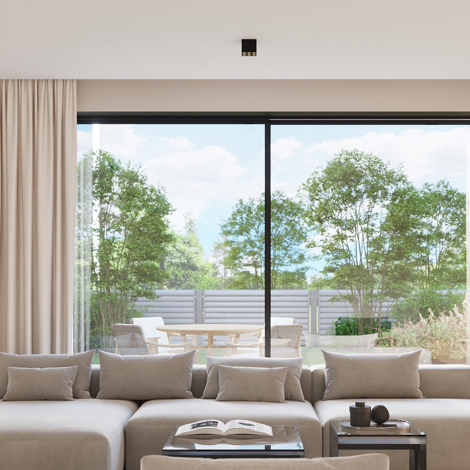 Plafonnier Ozzy LED carré aluminium noir, ambiance contemporaine