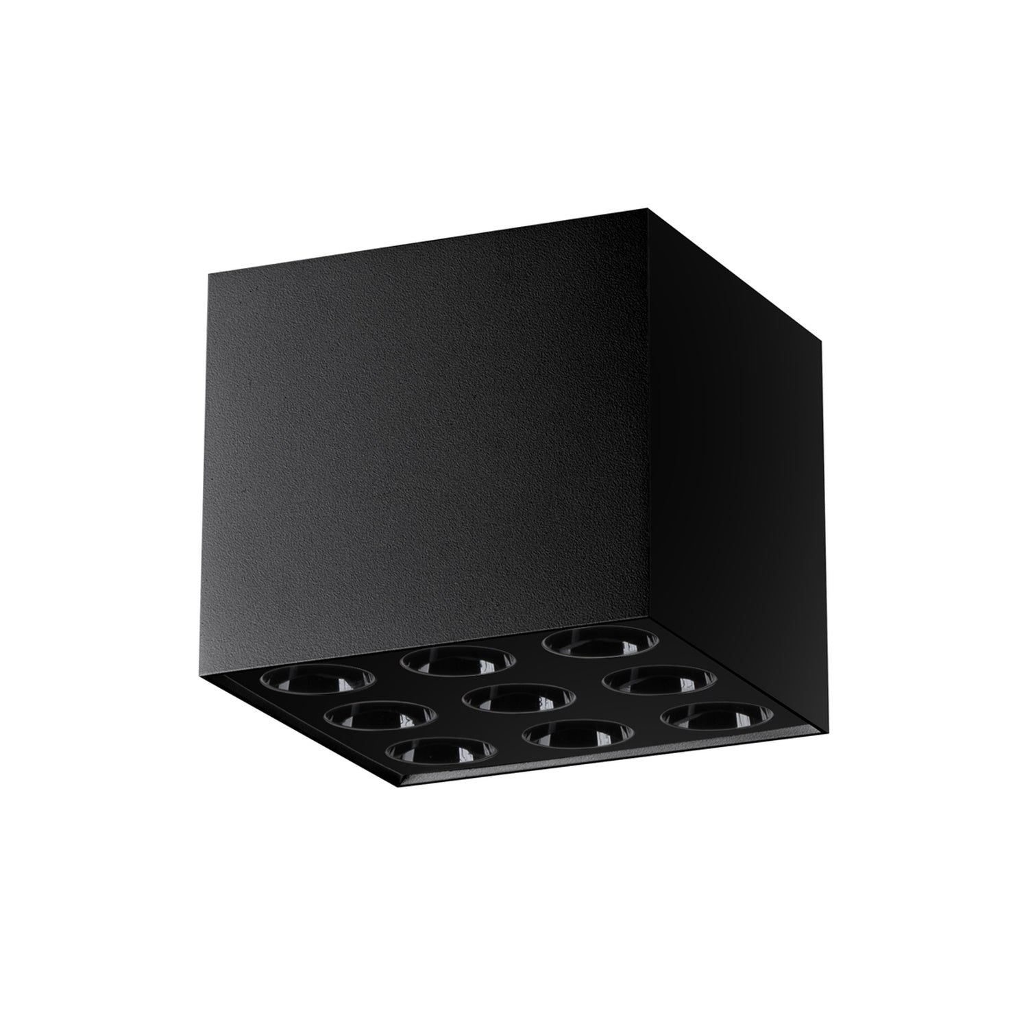 Plafonnier Ozzy LED carré aluminium noir, neuf cellules LED dans un cube d'aluminium noir, éclairage vers le bas