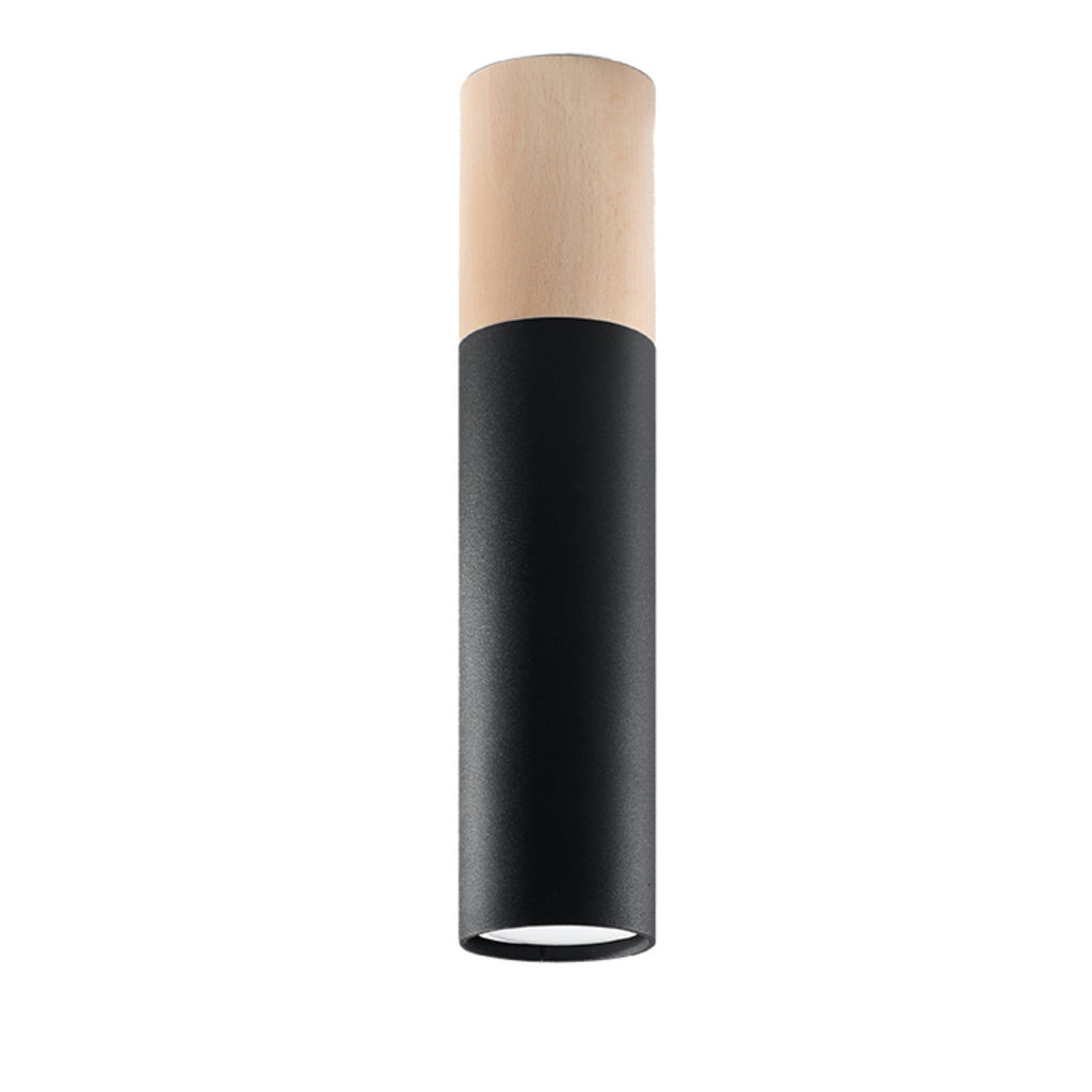 Plafonnier Pablo acier noir et bois, spot cylindrique