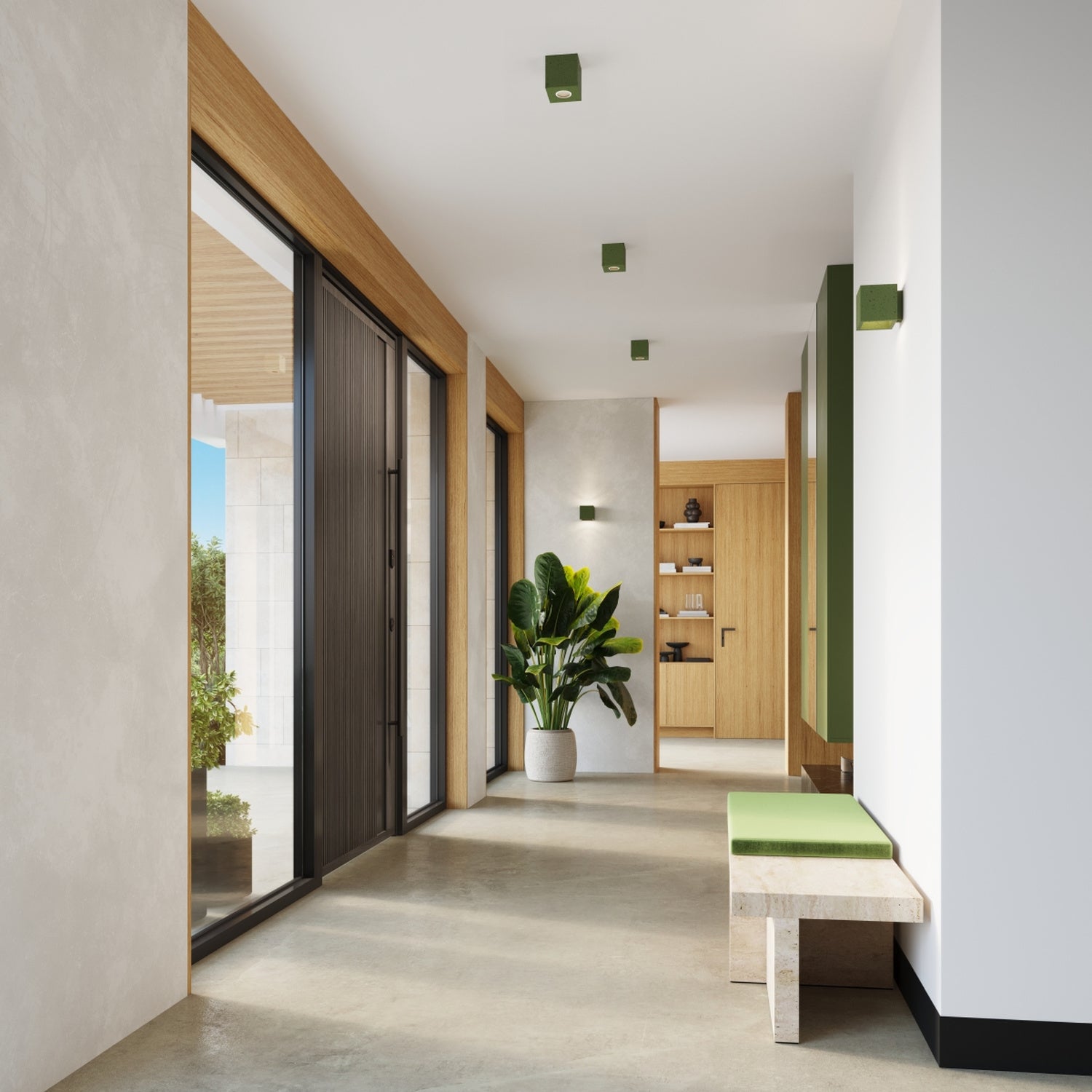 Plafonnier Quad béton vert olive GU10 en situation dans un intérieur