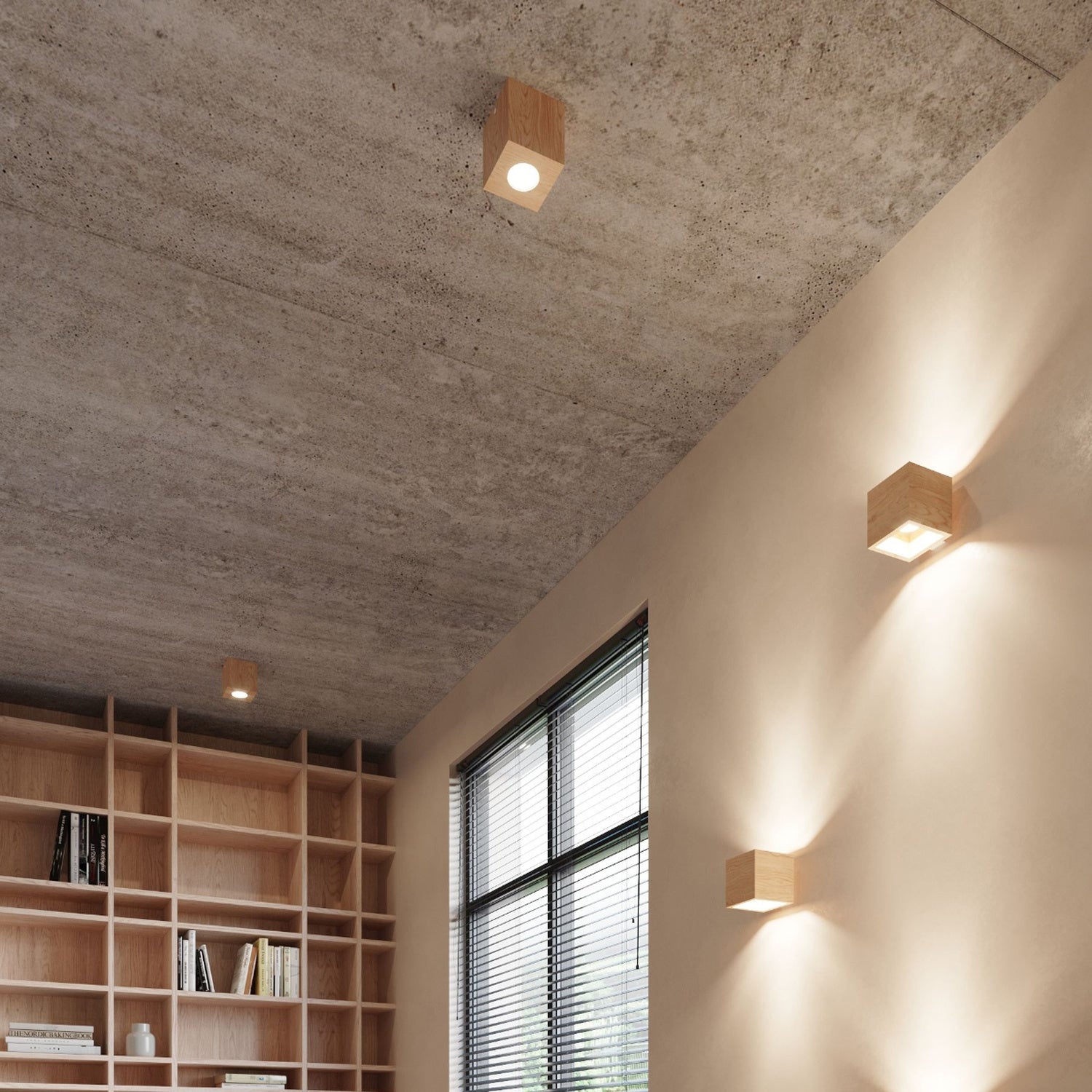 Luminaires Quad bois naturel en situation au plafond d'un intérieur scandinave