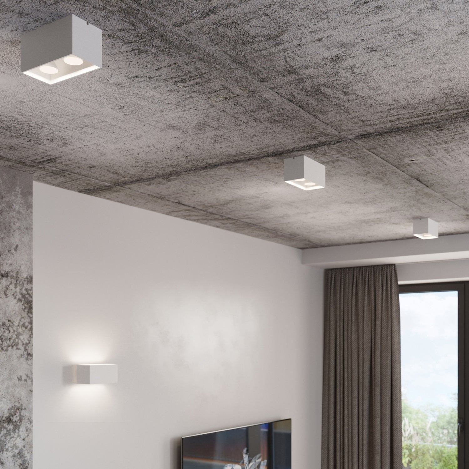 Plafonnier Quad Maxi blanc éclairant une pièce contemporaine