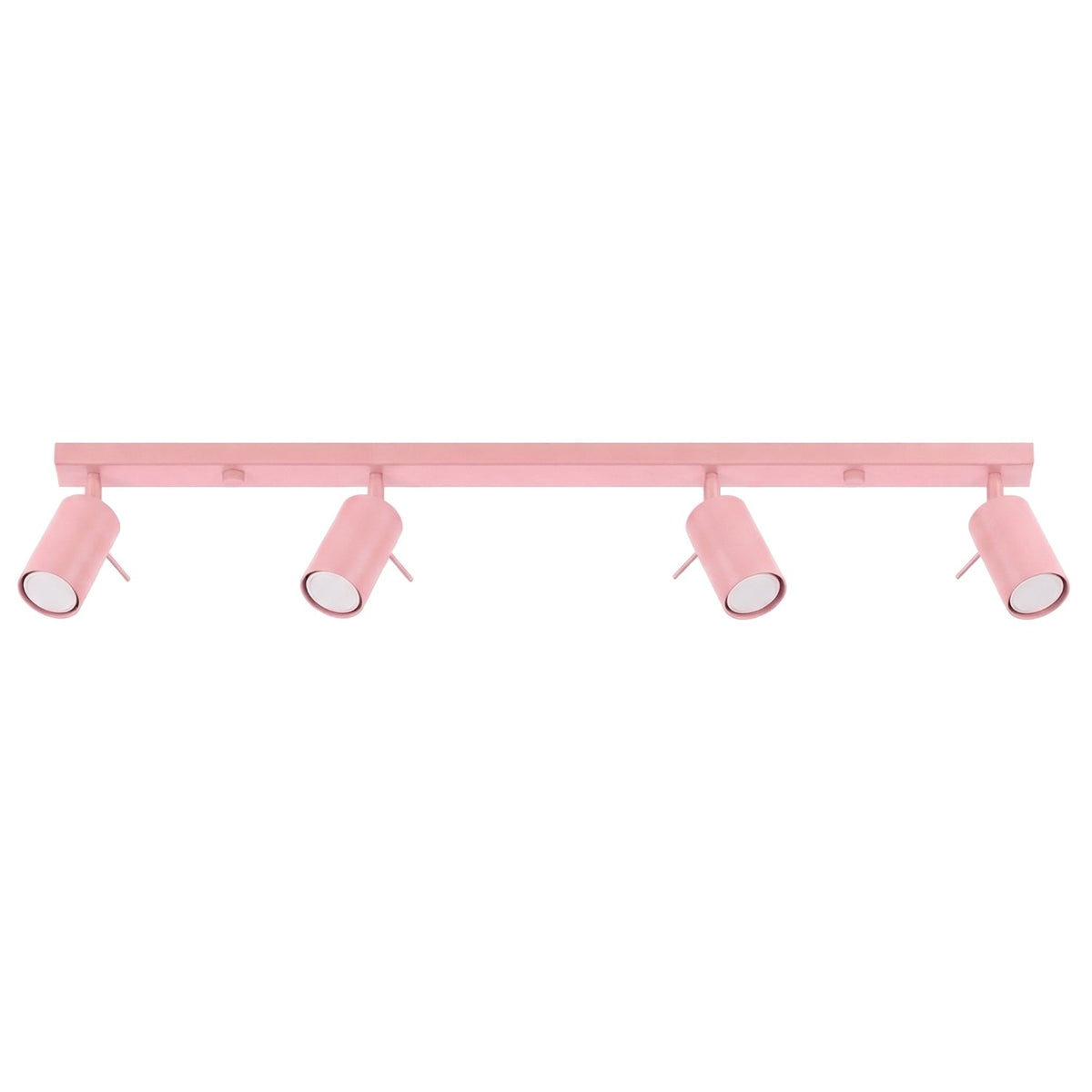 Plafonnier rampe Ring à quatre spots orientables en laque rose sur fond blanc