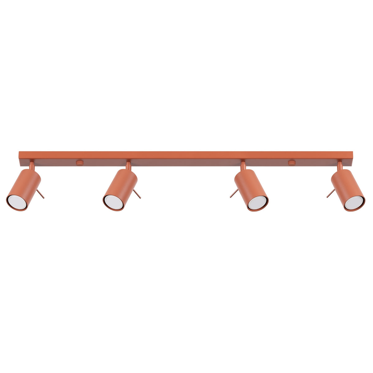 Plafonnier rampe Ring à quatre spots orientables en laque rouge ocre sur fond blanc