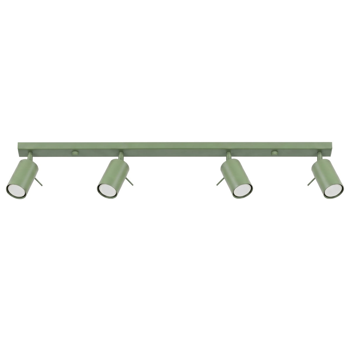 Plafonnier rampe Ring à quatre spots orientables en laque vert sauge sur fond blanc