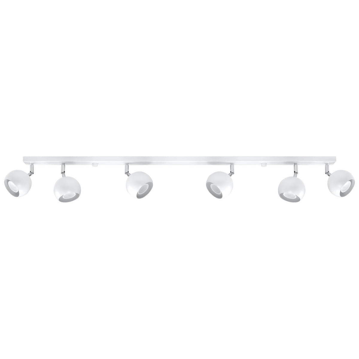 Plafonnier rampe Oculare métal blanc à six boules orientables sur une longue barre sur fond blanc