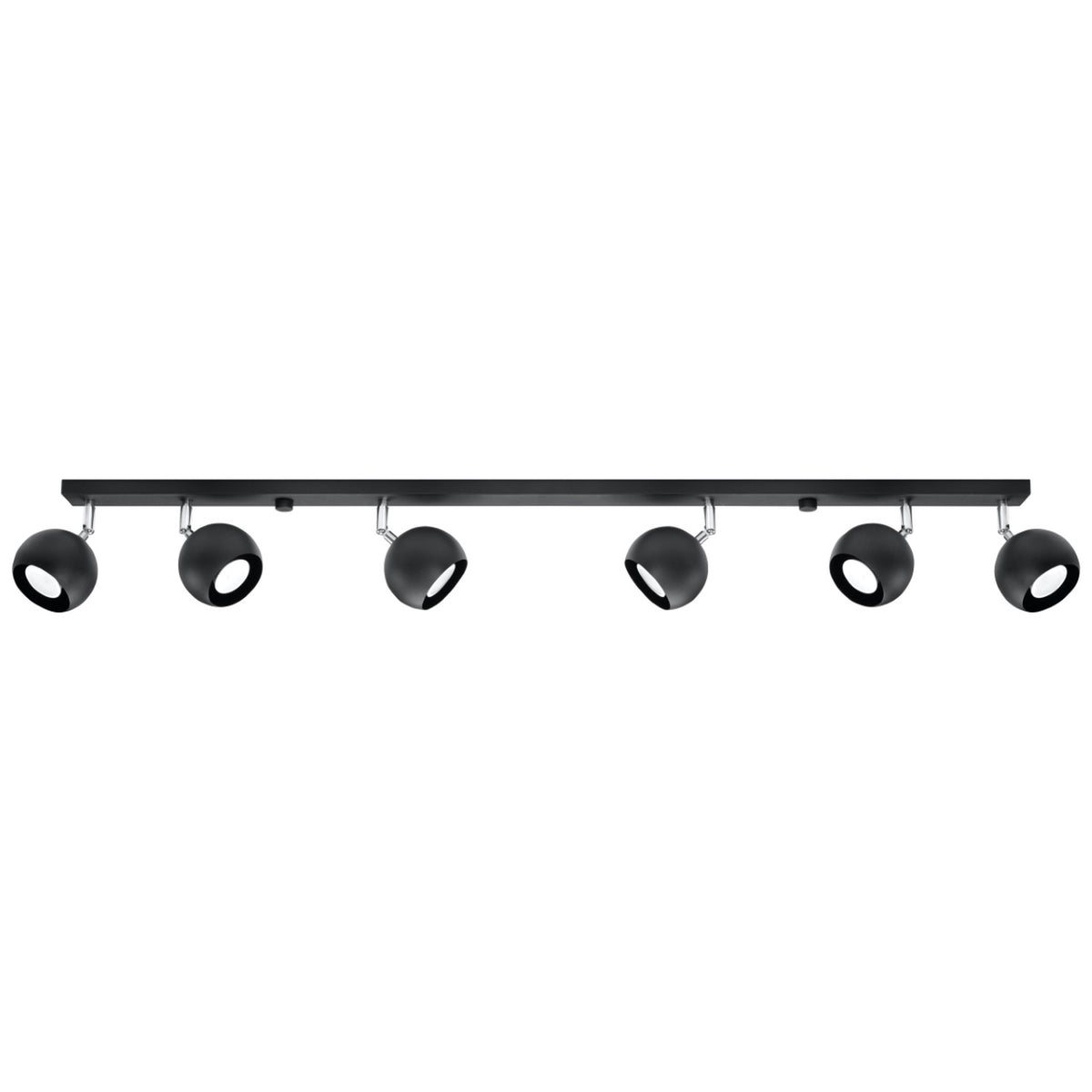 Plafonnier rampe Oculare métal noir à six boules orientables sur une longue barre sur fond blanc