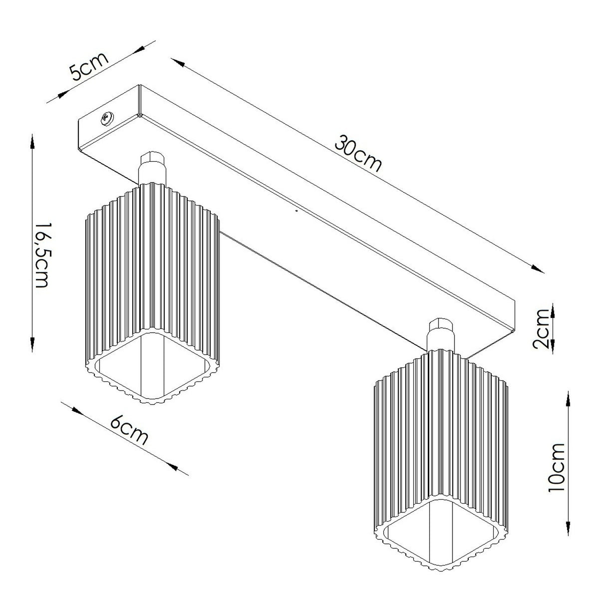 Croquis coté du plafonnier Rayo 2 longueur 30 cm largeur 5 cm et spots de 6 cm