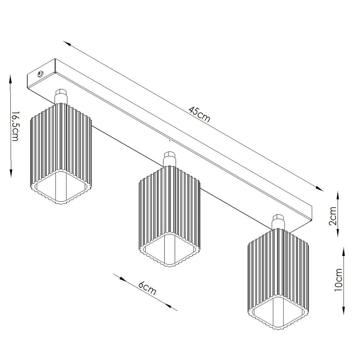 Croquis coté du plafonnier Rayo 3L longueur 45 cm et spots de 6 cm sur 10 cm
