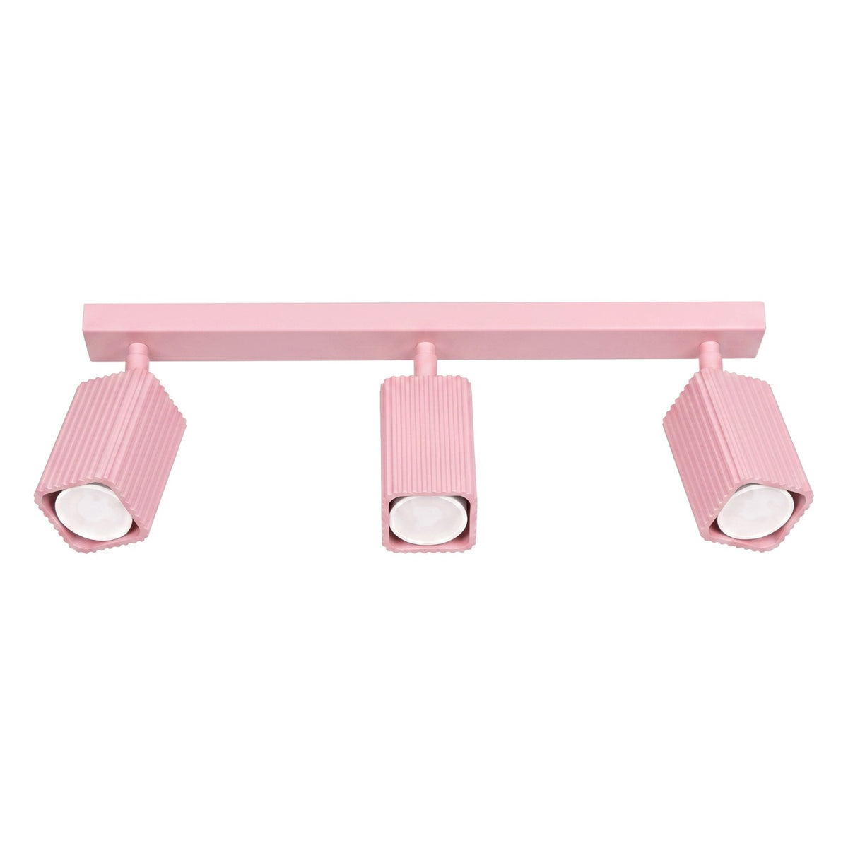 Plafonnier Rayo 3L cannelé laque rose à trois spots vu de face sur fond blanc